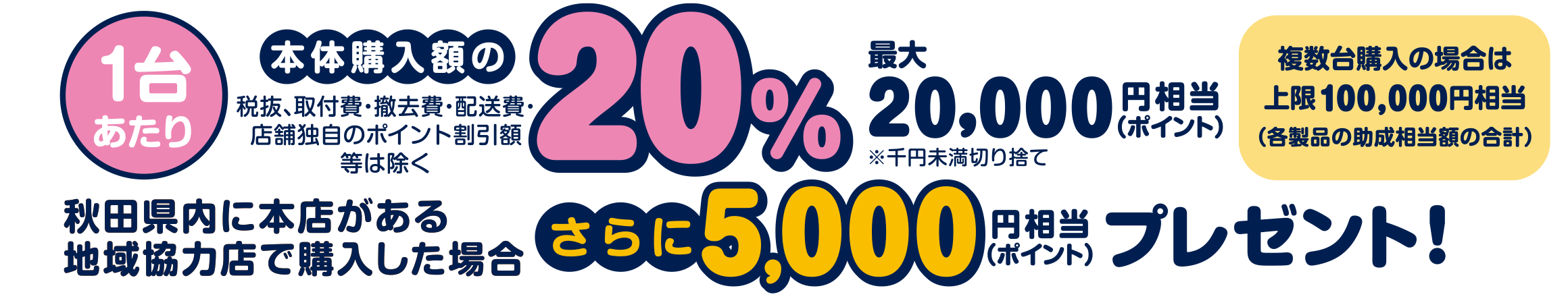1台あたり本体購入額の20%（最大20,000円）相当のポイントをプレゼント。秋田県内に本店がある地域協力店で購入した場合、さらに5,000円相当のポイントをプレゼント。